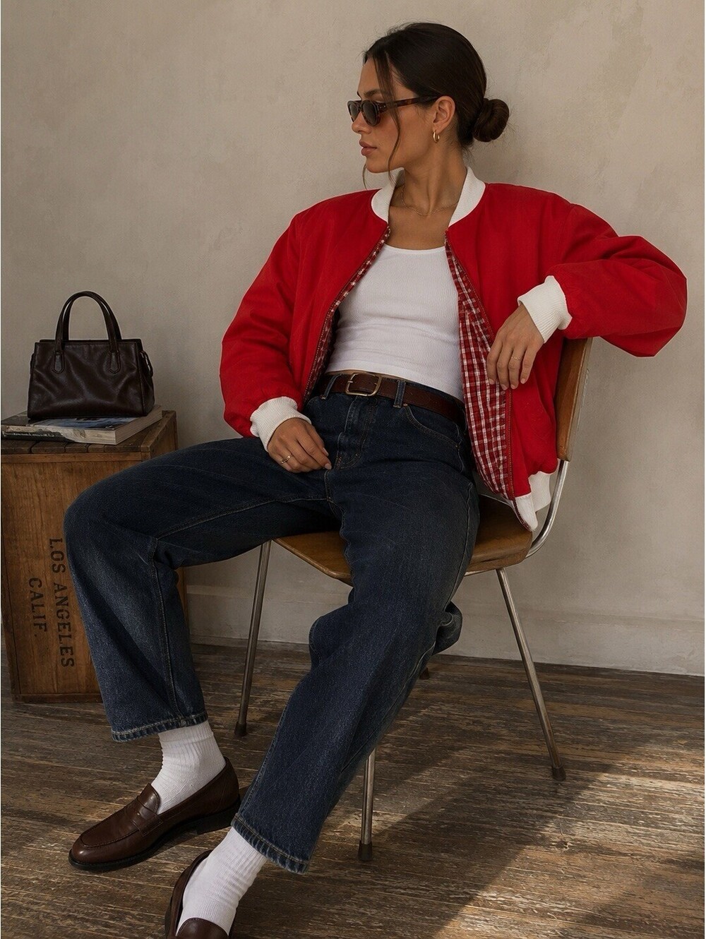 Vintage Red Plaid Lined Bomber Jacket Cropped Varsity Prep